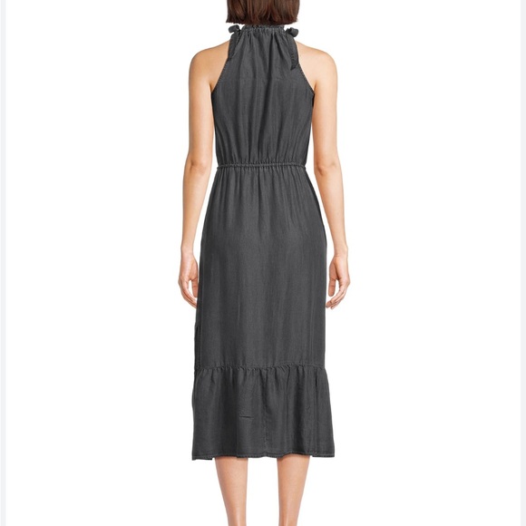 Tie Halter Maxi Dress Washed Black Ruffle Hem Time and Tru Elastic Waist Pockets - Picture 2 of 10